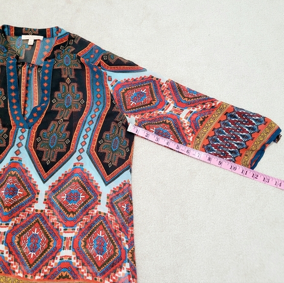 Gibson Latimer Women’s Tunic Top Medium Boho Geometric Print 3/4 Sleeve Sheer - Picture 7 of 11